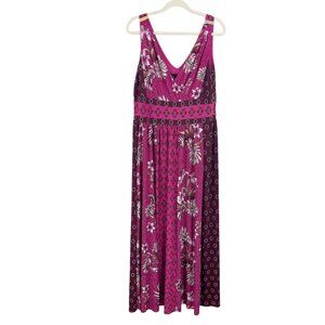 White House Black Market Pink Mixed Print Matte Jersey Maxi Dress V-Neck LARGE